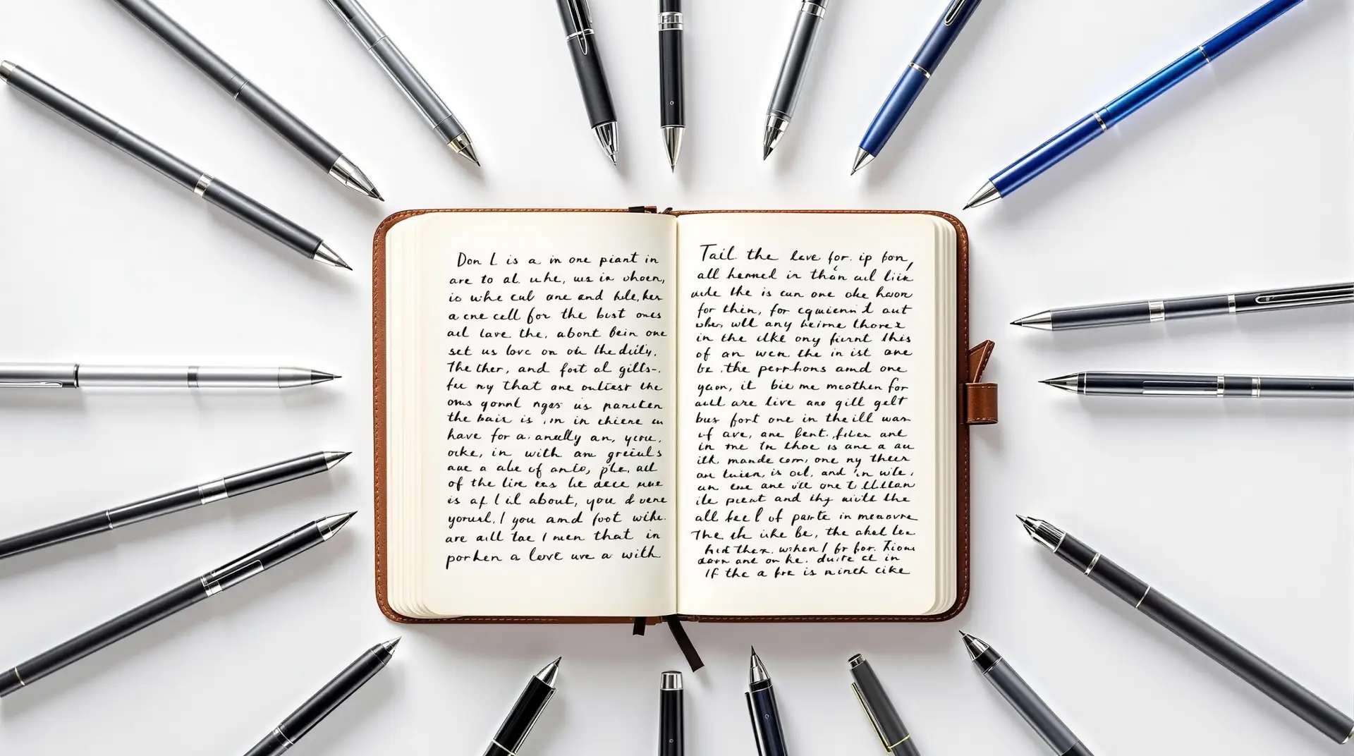 Best pens for journaling arranged in an elegant circle around an open leather journal with handwritten text, featuring fountain pens, gel pens, and ballpoint pens in various colors on a clean white background.