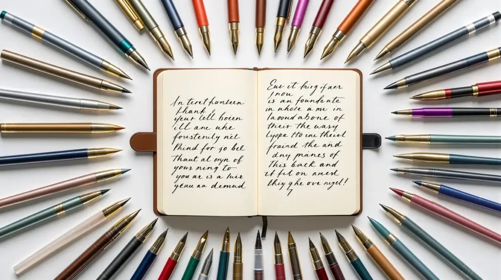 Overhead view of the best pens for journaling arranged in a circular pattern around an open leather journal, featuring fountain pens, gel pens, and markers on white background.