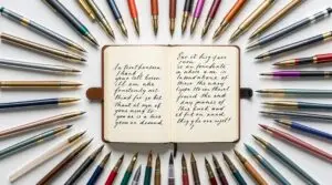 Overhead view of the best pens for journaling arranged in a circular pattern around an open leather journal, featuring fountain pens, gel pens, and markers on white background.
