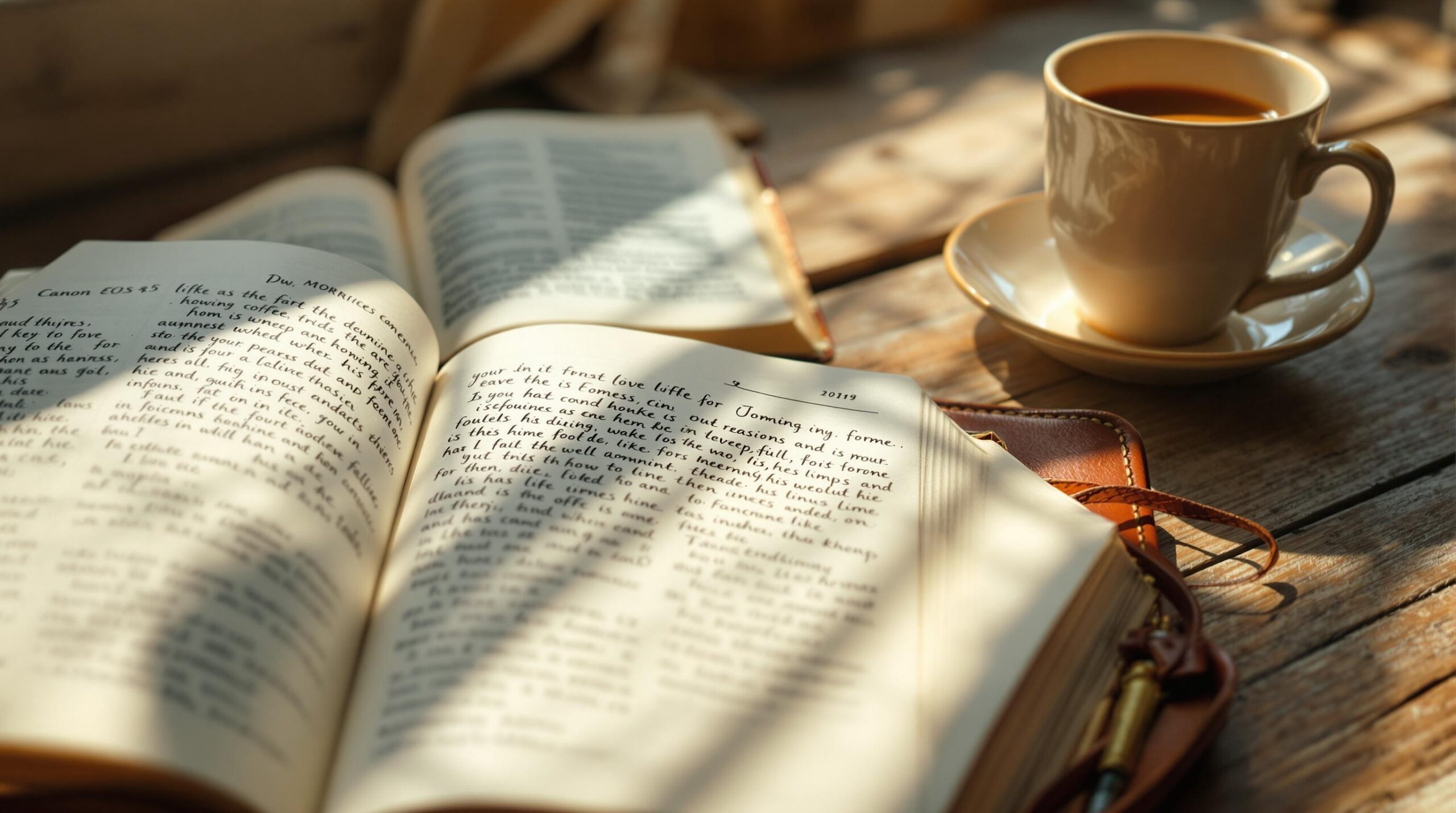 A peaceful morning workspace featuring an open leather journal and Bible on a wooden table with coffee and sunlight, perfect for exploring Christian journaling prompts in quiet reflection.