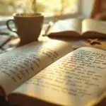 Open leather journal with handwritten Christian journaling prompts beside Bible and coffee cup on wooden table in warm morning sunlight, creating peaceful devotional atmosphere.
