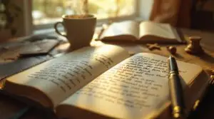 Open leather journal with handwritten Christian journaling prompts beside Bible and coffee cup on wooden table in warm morning sunlight, creating peaceful devotional atmosphere.