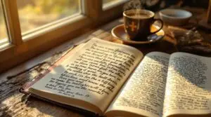 Open leather journal displaying handwritten Christian journaling prompts in cursive script beside highlighted Bible on rustic wooden desk with morning sunlight and coffee cup creating peaceful devotional setting