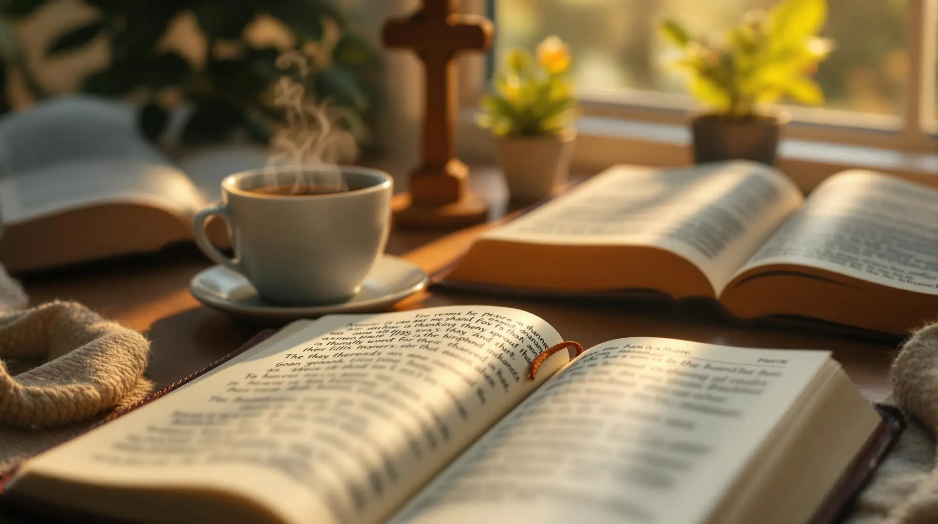 Open leather journal with handwritten Christian journaling prompts on cream pages, accompanied by coffee, Bible, and wooden cross in warm morning light.