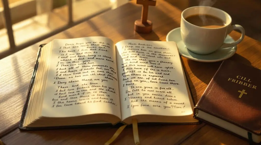 Open leather journal with handwritten Christian journaling prompts and prayers on cream pages, alongside coffee cup, Bible with golden bookmark, and wooden cross in warm morning sunlight on wooden table.
