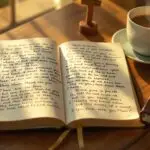 Open leather journal with handwritten Christian journaling prompts and prayers on cream pages, alongside coffee cup, Bible with golden bookmark, and wooden cross in warm morning sunlight on wooden table.