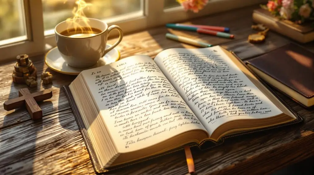 Open Bible and journal with Christian journaling prompts on rustic wooden desk, illuminated by warm morning sunlight streaming through window, with coffee cup and wooden cross nearby.