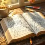 Open Bible and journal with Christian journaling prompts on rustic wooden desk, illuminated by warm morning sunlight streaming through window, with coffee cup and wooden cross nearby.