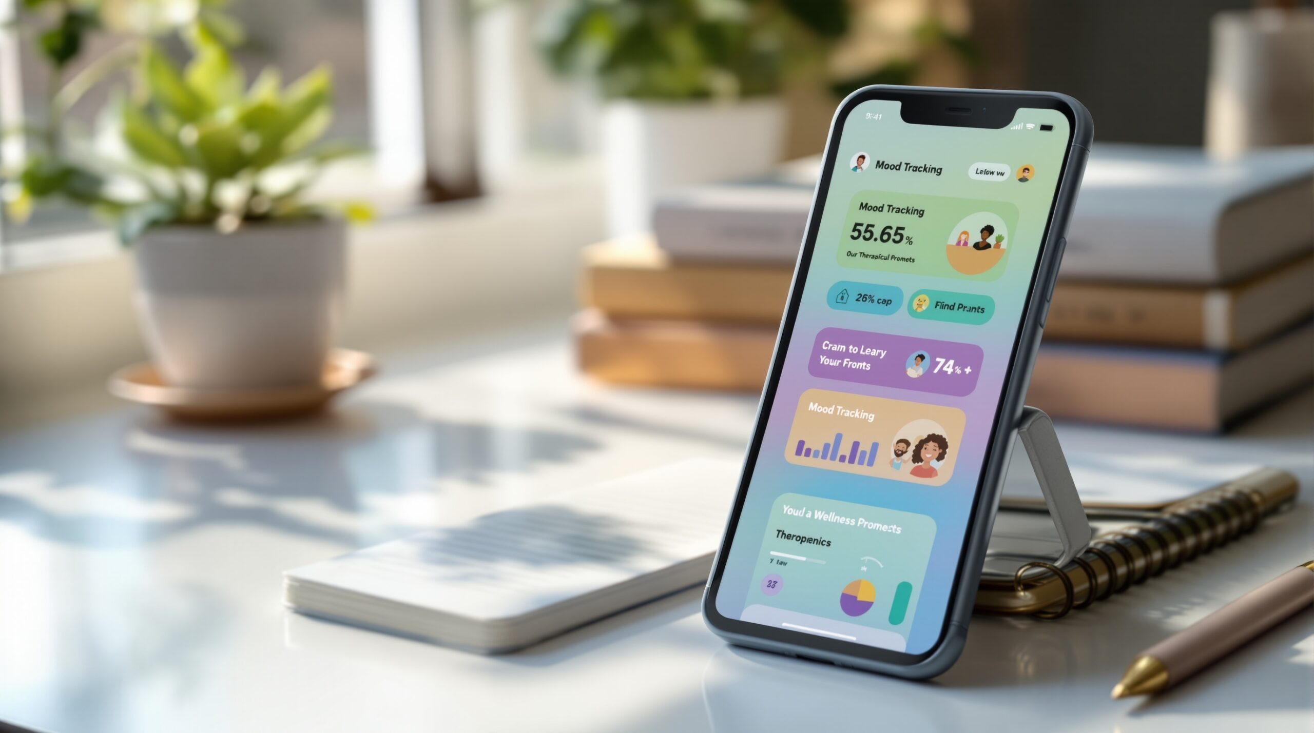 Smartphone displaying journaling apps for mental health with colorful mood tracking interface on clean desk beside herbal tea and succulent plant in serene workspace with natural lighting.