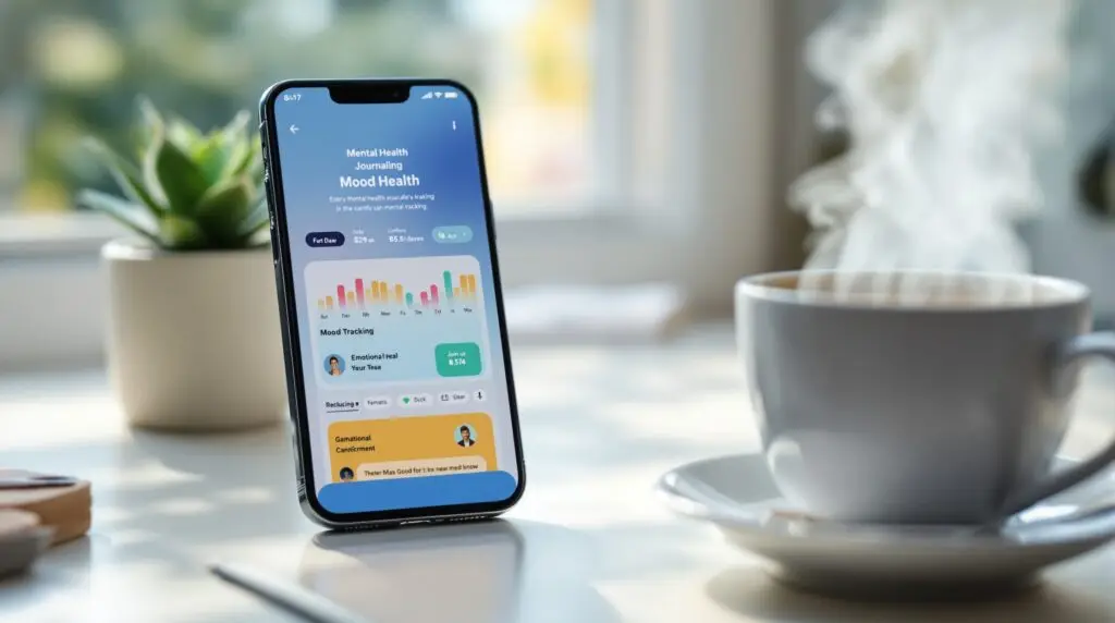 Smartphone displaying journaling apps for mental health with colorful mood tracking interface on minimalist desk with tea and succulent plant