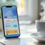 Smartphone displaying journaling apps for mental health with colorful mood tracking interface on minimalist desk with tea and succulent plant