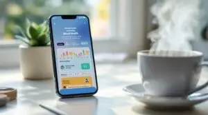 Smartphone displaying journaling apps for mental health with colorful mood tracking interface on minimalist desk with tea and succulent plant