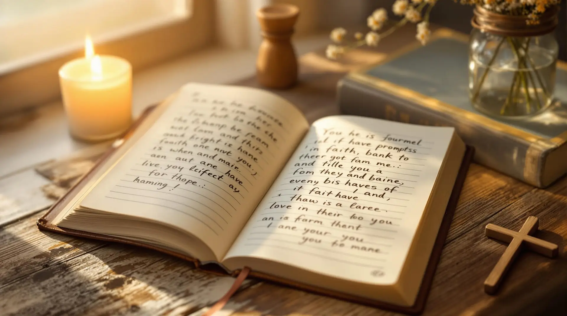 Open leather journal displaying Christian journaling prompts on cream pages, surrounded by a lit candle, Bible, wooden cross, and wildflowers on a rustic wooden desk in soft morning light.