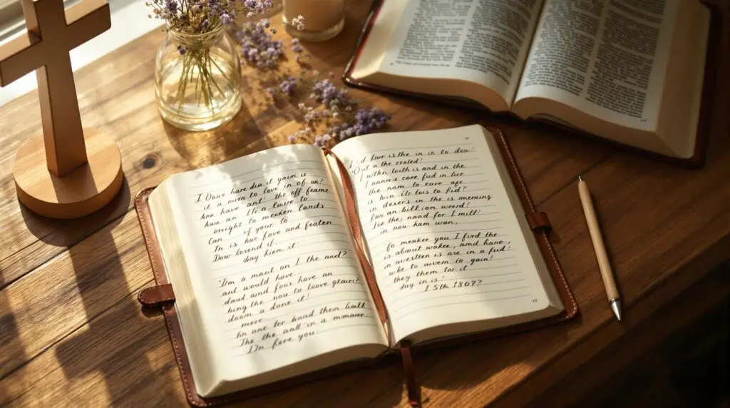 Open leather journal displaying handwritten Christian journaling prompts on cream pages, surrounded by wooden cross, lit candle, Bible, dried flowers, and wooden pen on rustic oak desk in warm morning light.