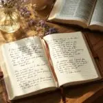 Open leather journal displaying handwritten Christian journaling prompts on cream pages, surrounded by wooden cross, lit candle, Bible, dried flowers, and wooden pen on rustic oak desk in warm morning light.