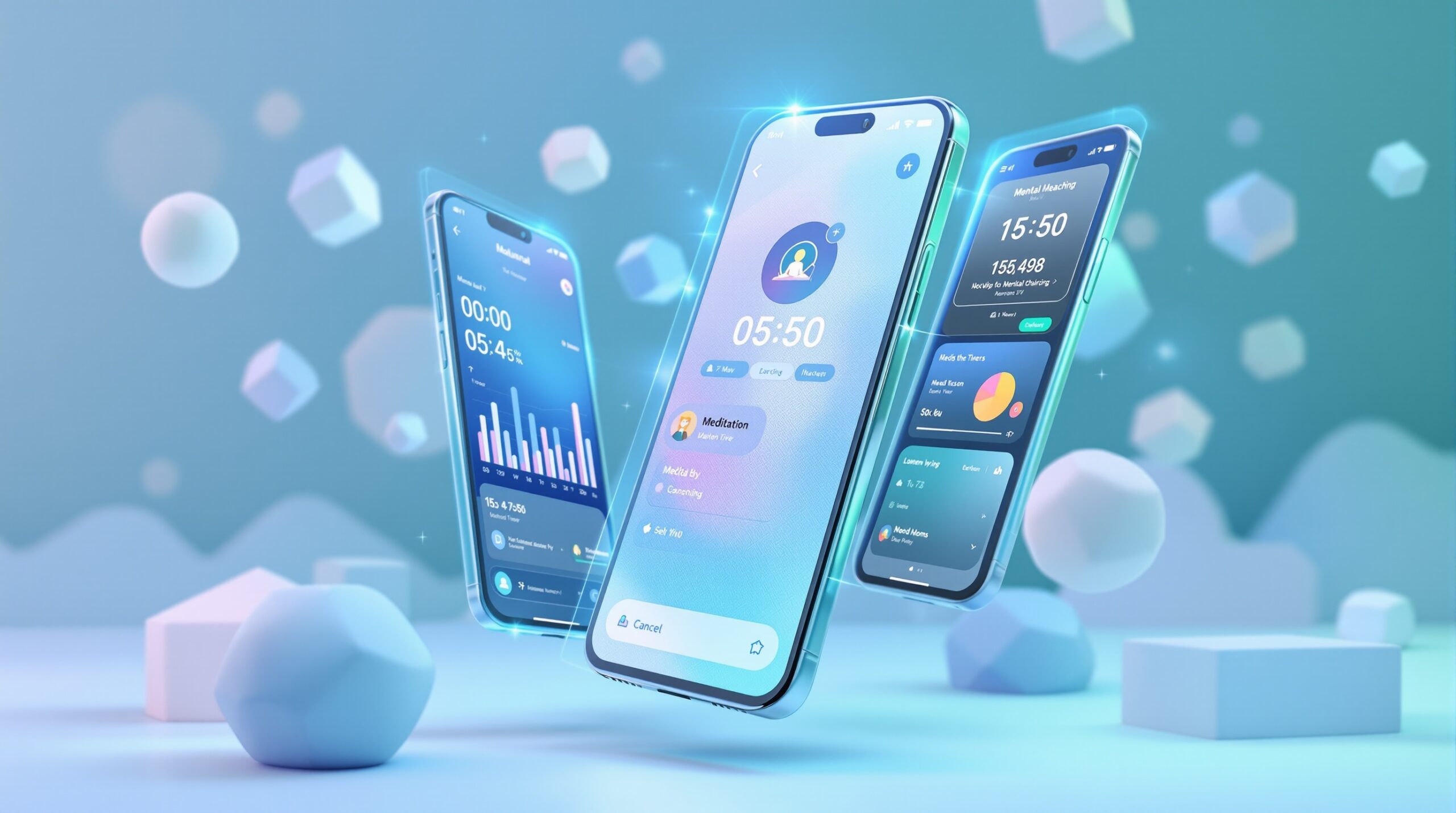 Modern smartphone displaying journaling apps for mental health with floating holographic interfaces showing mood tracking charts, meditation timers, and journal screens in a serene blue-green gradient space with mindfulness geometric shapes.
