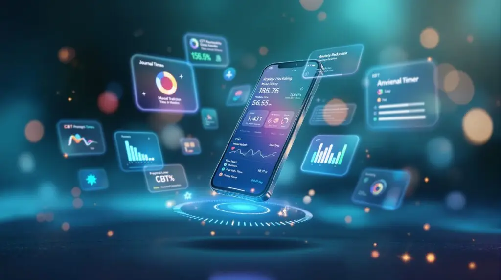 Smartphone displaying journaling apps for mental health interface floating in serene digital space with holographic mood tracking charts, meditation timers, and glowing therapeutic elements in calming blue-green atmosphere.