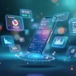 Smartphone displaying journaling apps for mental health interface floating in serene digital space with holographic mood tracking charts, meditation timers, and glowing therapeutic elements in calming blue-green atmosphere.