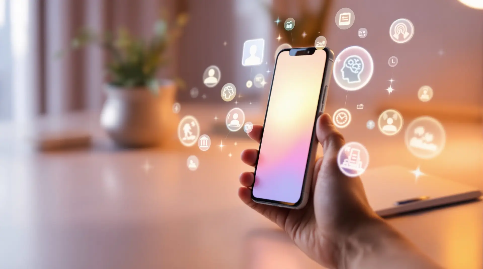 Smartphone displaying journaling apps for mental health with calming pastel interface, surrounded by floating holographic wellness icons including meditation, mood tracking, and brain health symbols on minimalist desk with warm lighting