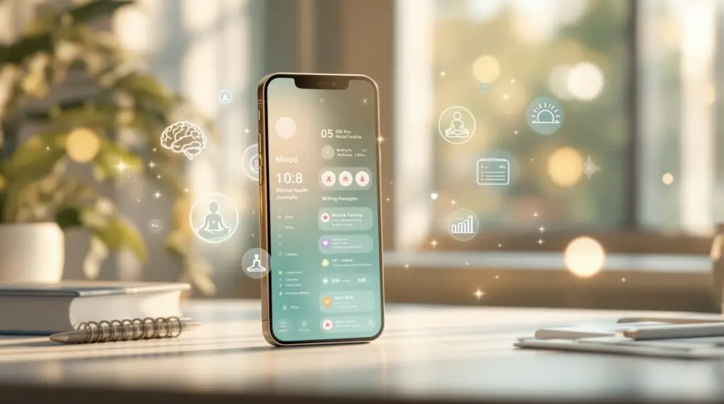 Smartphone displaying journaling apps for mental health interface with mood tracking features, holographic wellness symbols, and calming pastel design on minimalist desk