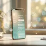 Smartphone displaying journaling apps for mental health interface with mood tracking features, holographic wellness symbols, and calming pastel design on minimalist desk