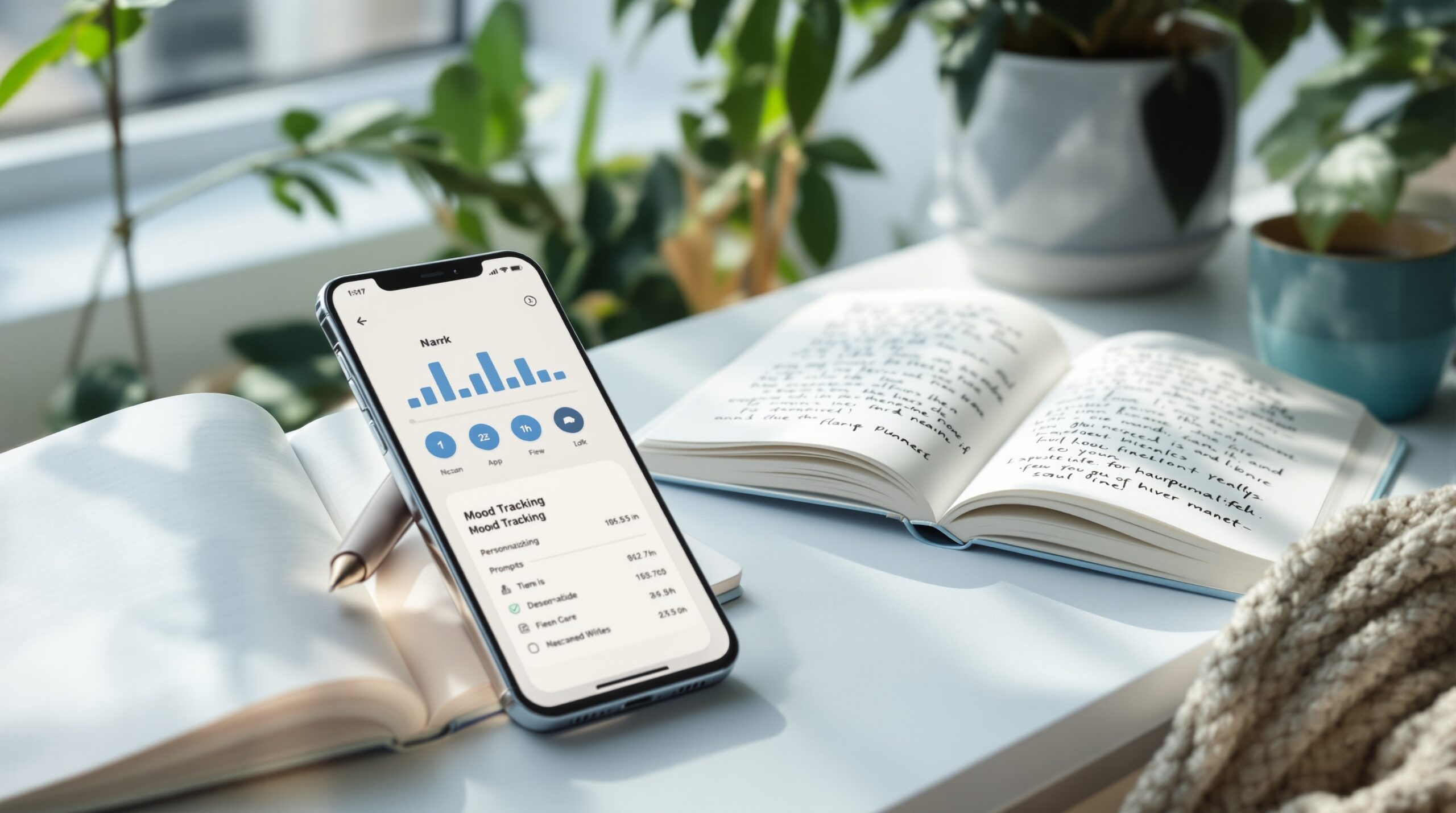 Digital Wellness Journaling App Interface Smartphone displaying journaling apps for mental health with mood tracking features on minimalist desk beside handwritten notebook and plants in soft natural lighting