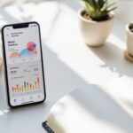 Smartphone displaying journaling apps for mental health with colorful mood tracking charts on a minimalist white desk alongside a handwritten journal, pen, and small succulents in soft natural lighting.