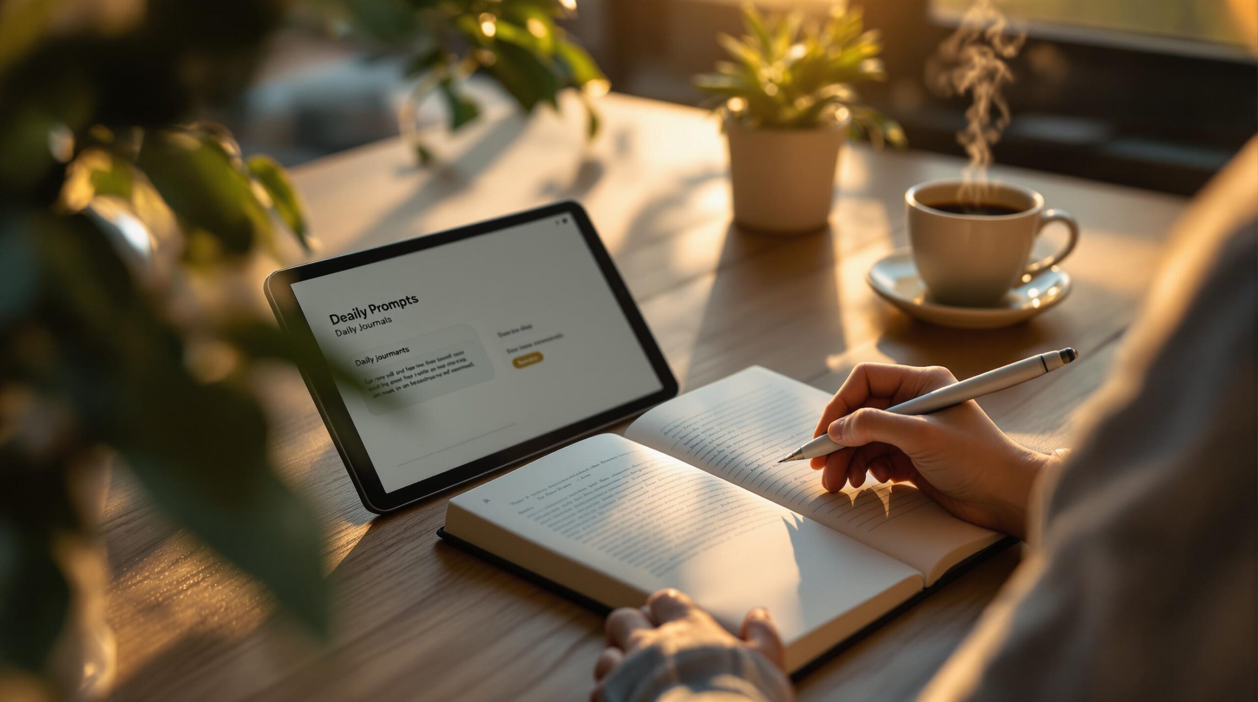 Person writing in journal at wooden desk using prompts generator app