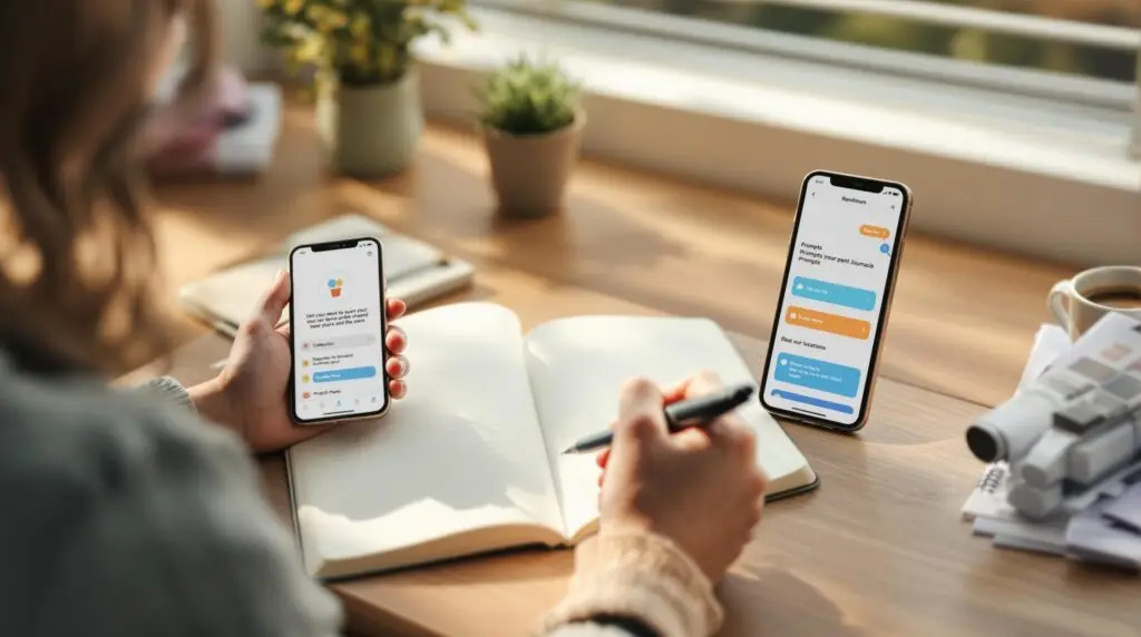 Person writing in journal while using a journaling prompts generator app on smartphone at wooden desk with coffee and plant in warm natural light.