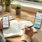 Person writing in journal while using a journaling prompts generator app on smartphone at wooden desk with coffee and plant in warm natural light.