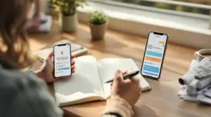Person writing in journal while using a journaling prompts generator app on smartphone at wooden desk with coffee and plant in warm natural light.