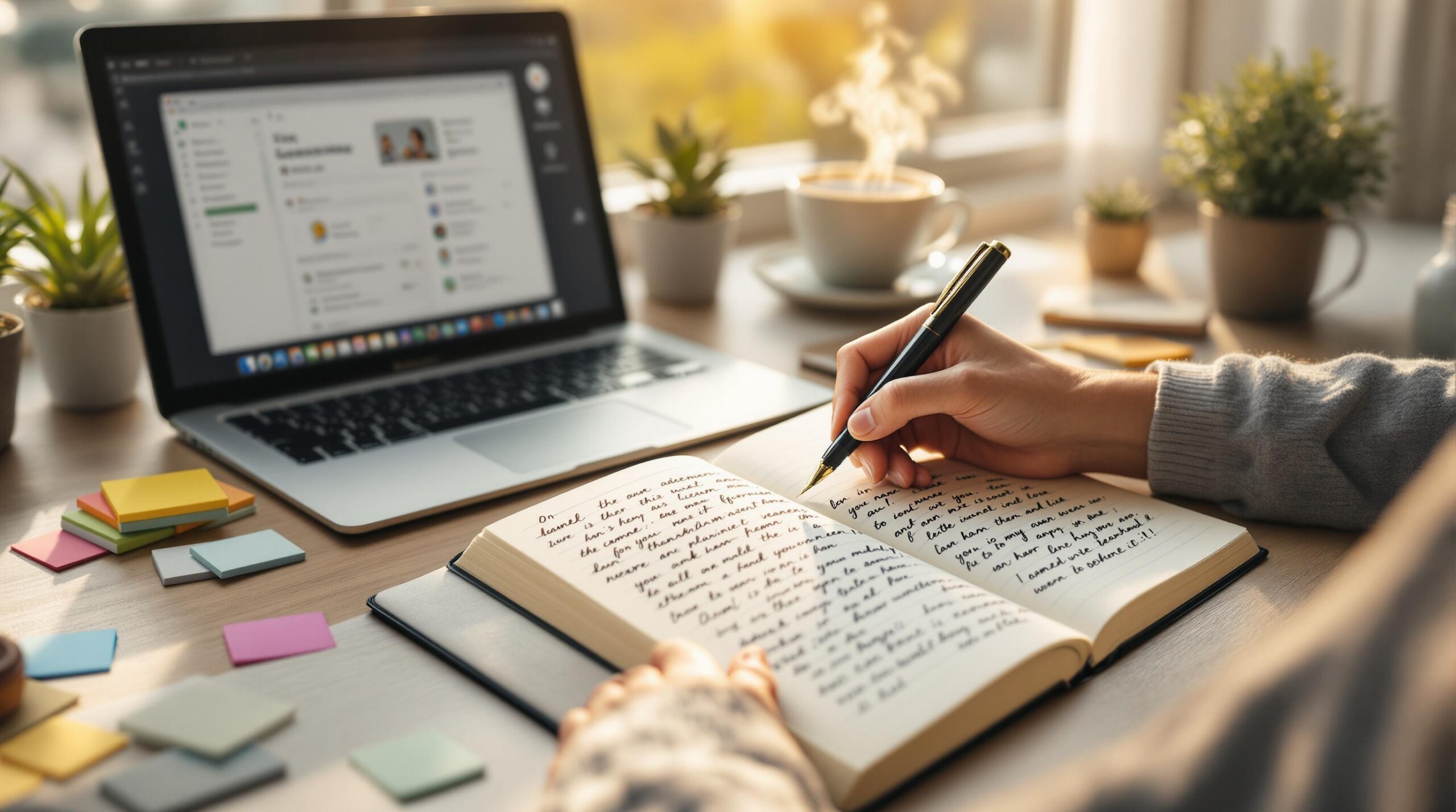 Person writing in journal with fountain pen at organized desk featuring laptop with journaling prompts generator app, tea, plants, and sticky notes in warm natural lighting