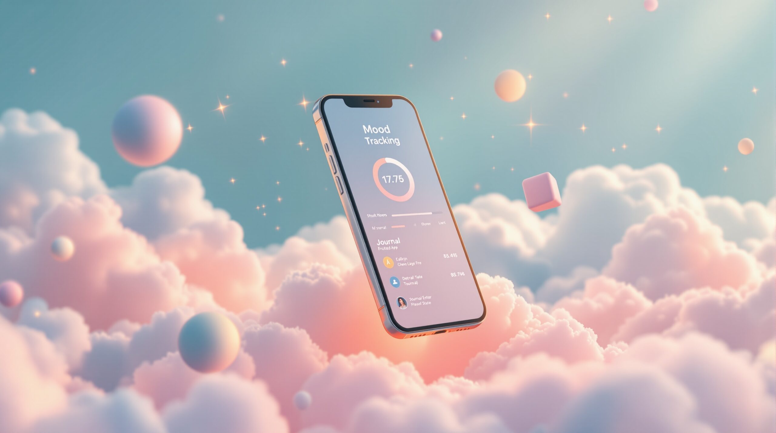 Floating smartphone displaying journaling apps for mental health with mood tracking interface surrounded by soft pastel clouds and geometric shapes in calming colors.