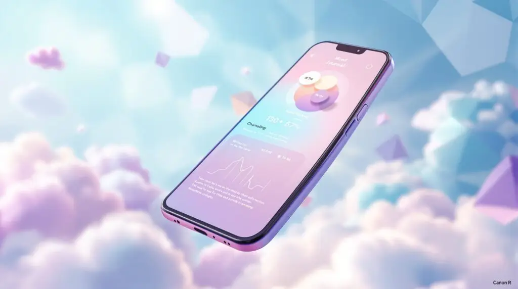 Floating smartphone displaying journaling apps for mental health with colorful mood tracking interface, surrounded by pastel clouds and geometric shapes in calming blues and purples.
