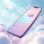 Floating smartphone displaying journaling apps for mental health with colorful mood tracking interface, surrounded by pastel clouds and geometric shapes in calming blues and purples.