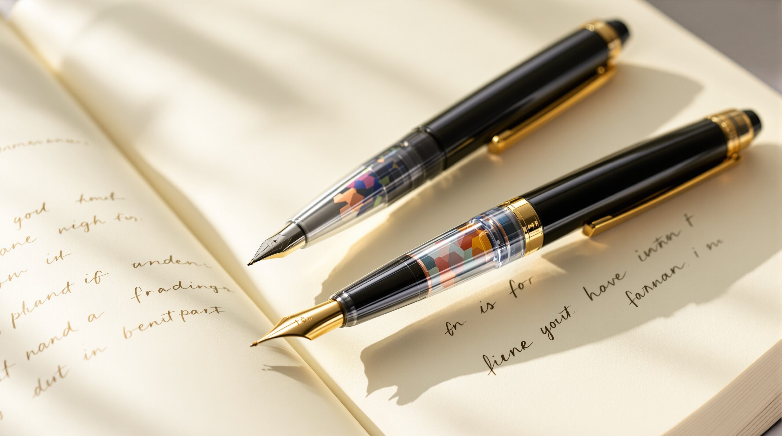 Three different pens for journaling on open notebook