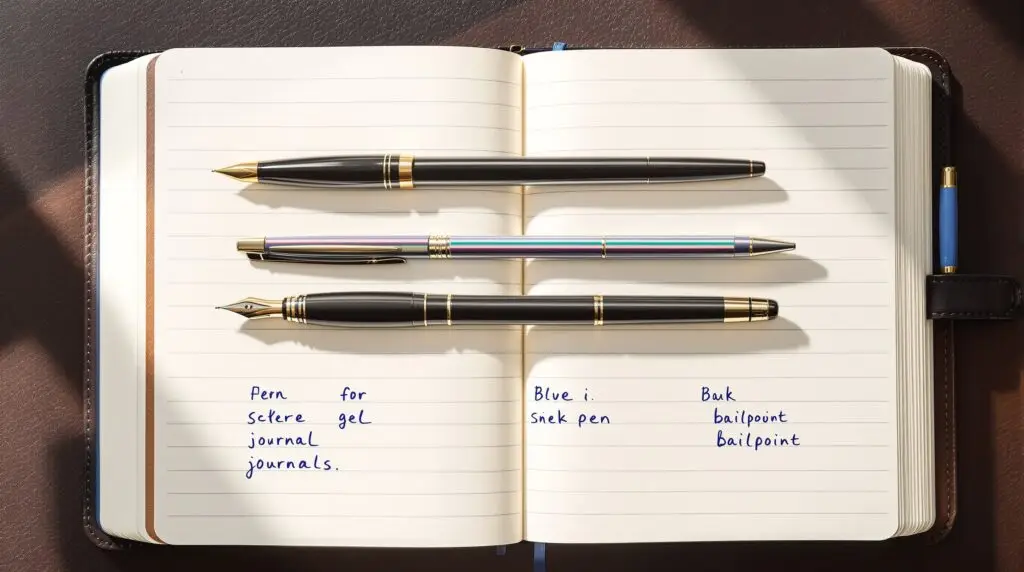 Three best pens for journaling - a black fountain pen with gold trim, colorful gel pen, and blue ballpoint pen - arranged on an open leather journal with handwriting samples showing each pen's ink quality and line characteristics.