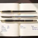 Three best pens for journaling - a black fountain pen with gold trim, colorful gel pen, and blue ballpoint pen - arranged on an open leather journal with handwriting samples showing each pen's ink quality and line characteristics.
