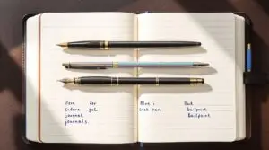 Three best pens for journaling - a black fountain pen with gold trim, colorful gel pen, and blue ballpoint pen - arranged on an open leather journal with handwriting samples showing each pen's ink quality and line characteristics.