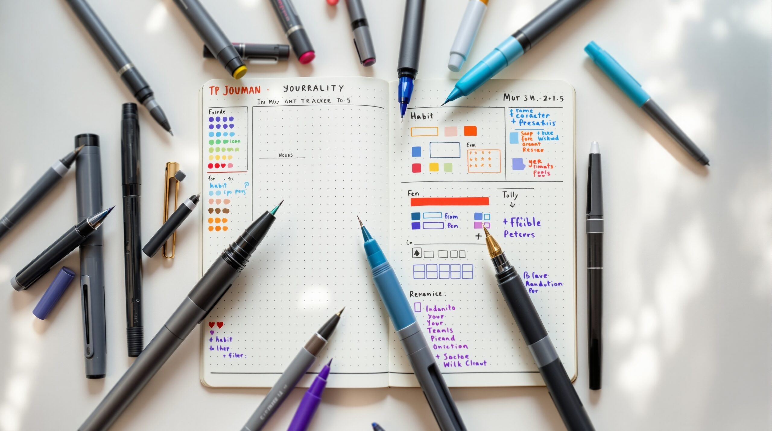 Essential Pens for Creative Journaling Best pens for journaling displayed in a flat lay arrangement with fountain pens, gel pens, and fine-tip markers in various colors scattered across an open bullet journal with organized spreads and habit trackers.