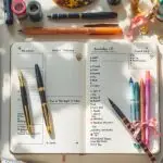 best-pens-for-bullet-journaling-and-creative-writing | Journaling Insights Best pens for journaling flat lay featuring fountain pen with gold accents, colorful gel pens, and fine-tip markers arranged on open bullet journal with organized spreads and leather accessories in warm natural lighting.