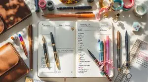 Best pens for journaling flat lay featuring fountain pen with gold accents, colorful gel pens, and fine-tip markers arranged on open bullet journal with organized spreads and leather accessories in warm natural lighting.