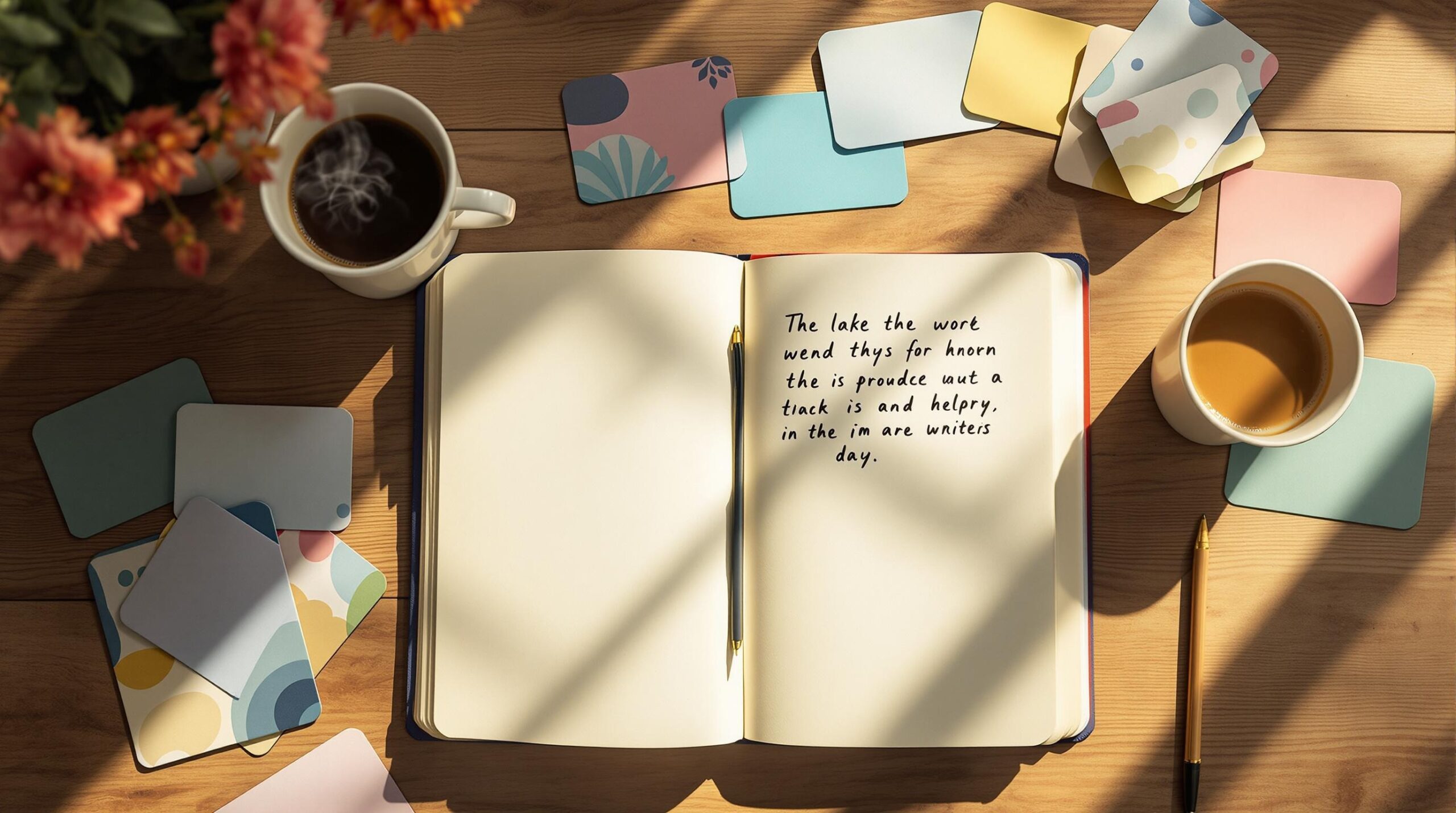 Open journal with handwritten pages and colorful prompt cards on wooden desk