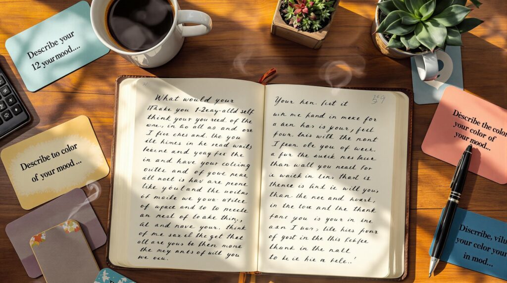 Overhead view of an open journal with handwritten pages surrounded by colorful journaling prompts generator cards, coffee cup, fountain pen, and succulent on wooden desk with soft natural lighting.
