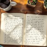 Overhead view of an open journal with handwritten pages surrounded by colorful journaling prompts generator cards, coffee cup, fountain pen, and succulent on wooden desk with soft natural lighting.