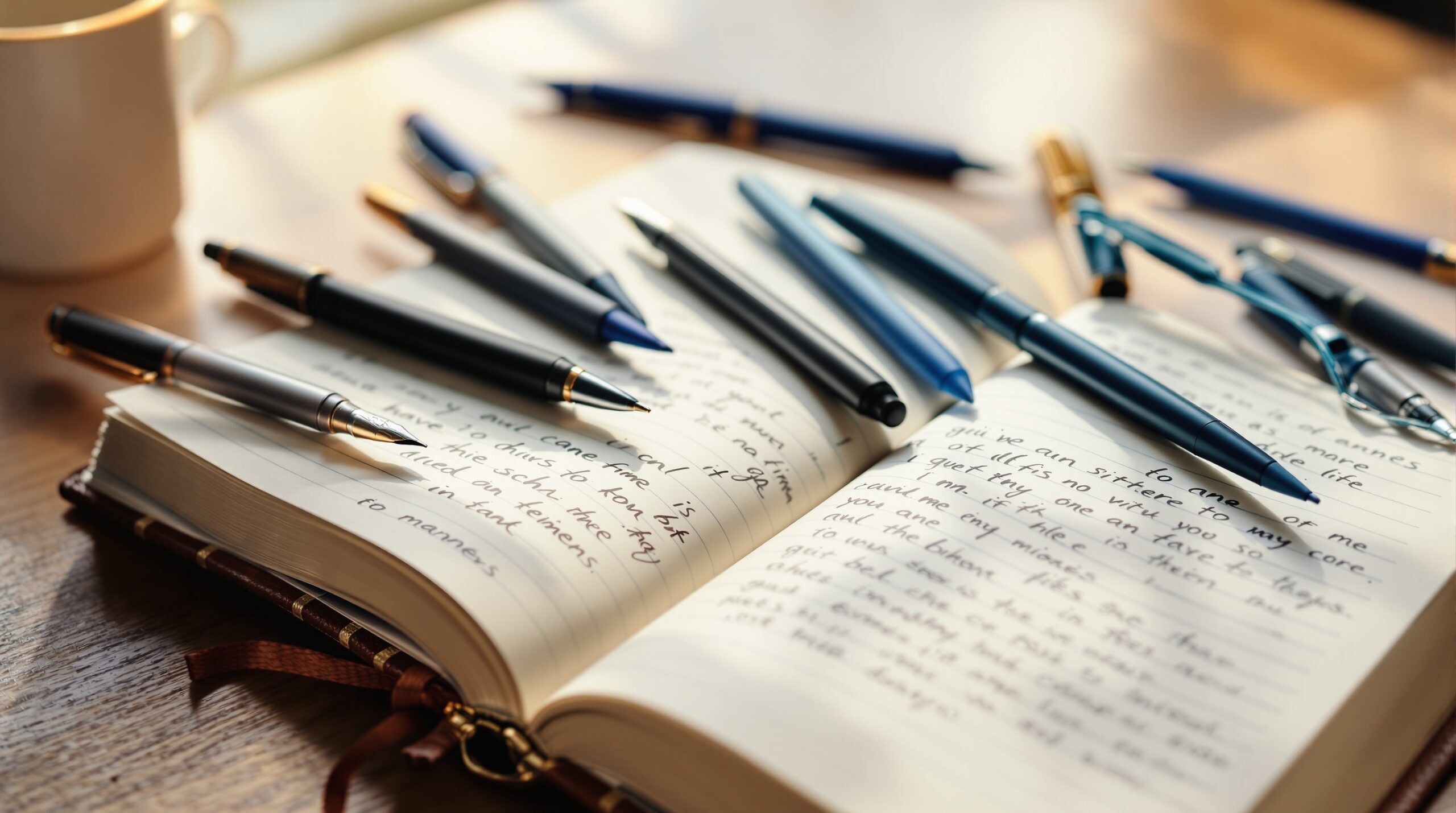 Best pens for journaling including fountain pens, gel pens, and ballpoint pens in various colors scattered across an open leather-bound journal on a wooden desk with natural lighting.