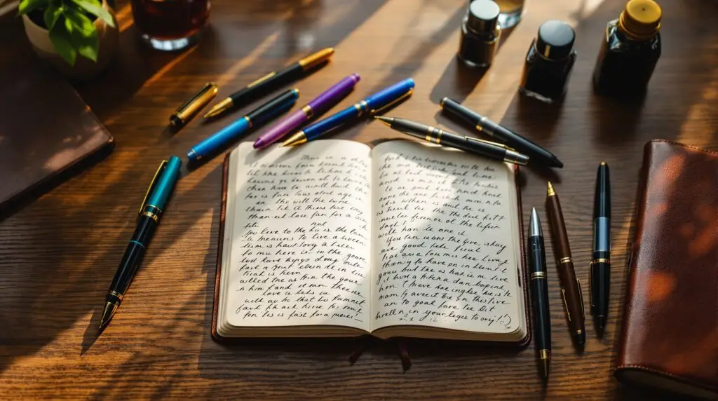 Top-down view of best pens for journaling scattered across an open leather journal on a wooden desk, featuring a gold-accented fountain pen, colorful gel pens, and ballpoint pens with handwritten script visible on aged pages.