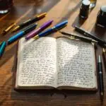 Top-down view of best pens for journaling scattered across an open leather journal on a wooden desk, featuring a gold-accented fountain pen, colorful gel pens, and ballpoint pens with handwritten script visible on aged pages.