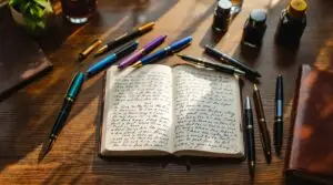 Top-down view of best pens for journaling scattered across an open leather journal on a wooden desk, featuring a gold-accented fountain pen, colorful gel pens, and ballpoint pens with handwritten script visible on aged pages.