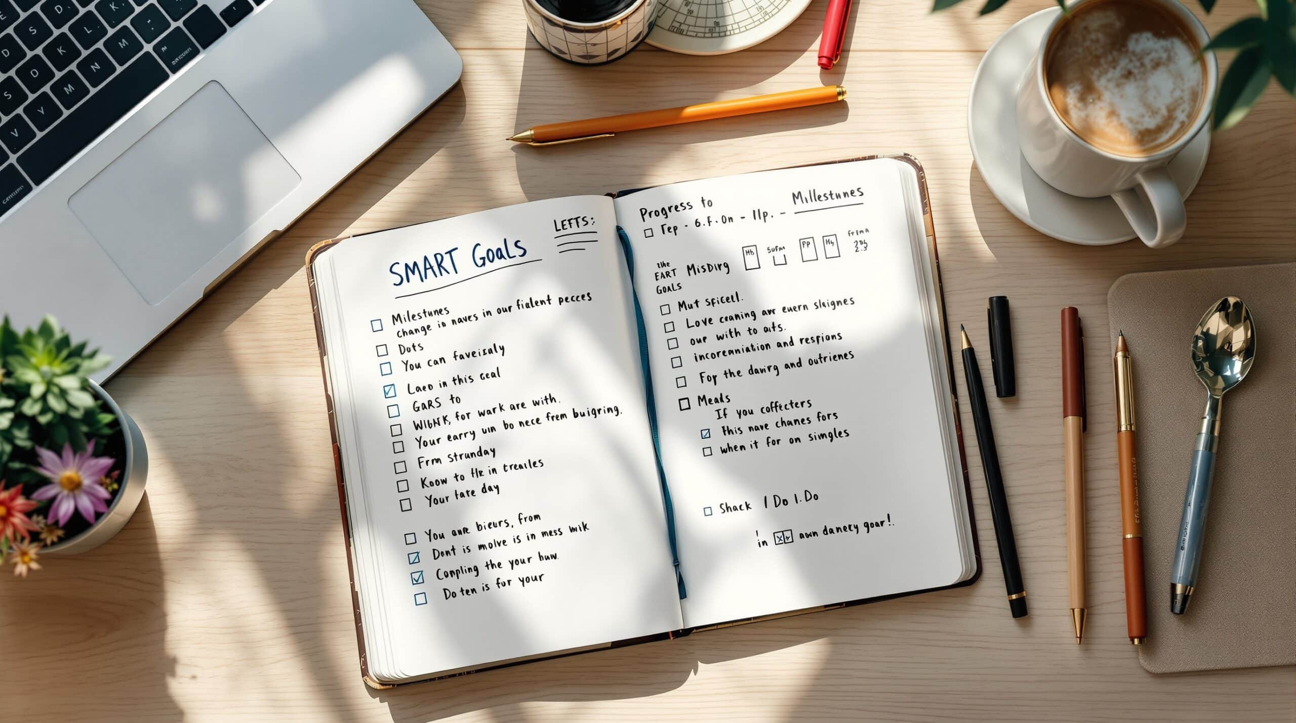 Overhead view of organized goal journaling workspace with open journal displaying handwritten SMART goals, progress charts, laptop, colorful pens, and coffee cup on desk with natural lighting.